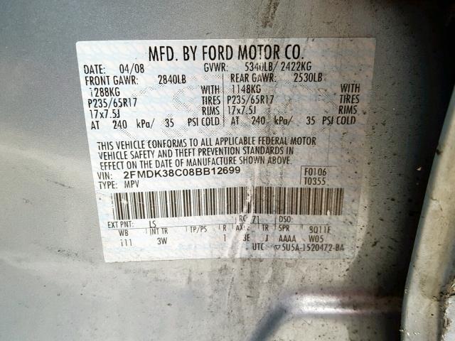 2FMDK38C08BB12699 - 2008 FORD EDGE SEL BLUE photo 10