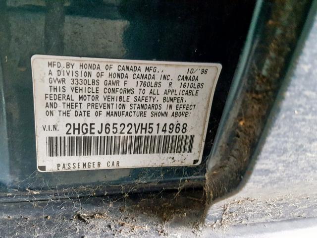 2HGEJ6522VH514968 - 1997 HONDA CIVIC DX GREEN photo 10