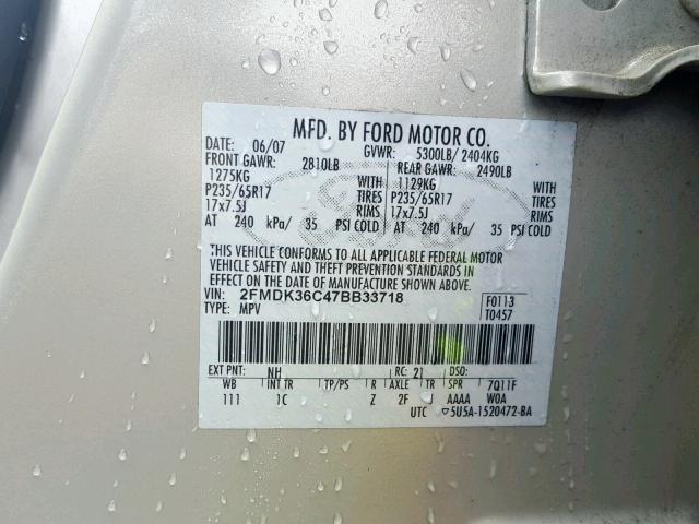 2FMDK36C47BB33718 - 2007 FORD EDGE SE CREAM photo 10