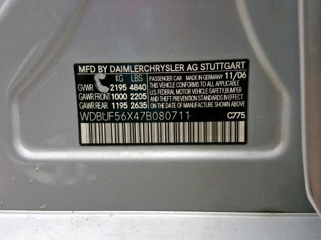 WDBUF56X47B080711 - 2007 MERCEDES-BENZ E 350 SILVER photo 10