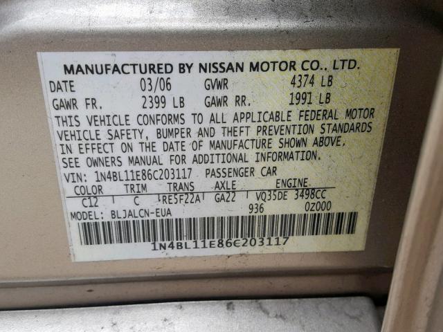 1N4BL11E86C203117 - 2006 NISSAN ALTIMA SE GOLD photo 10