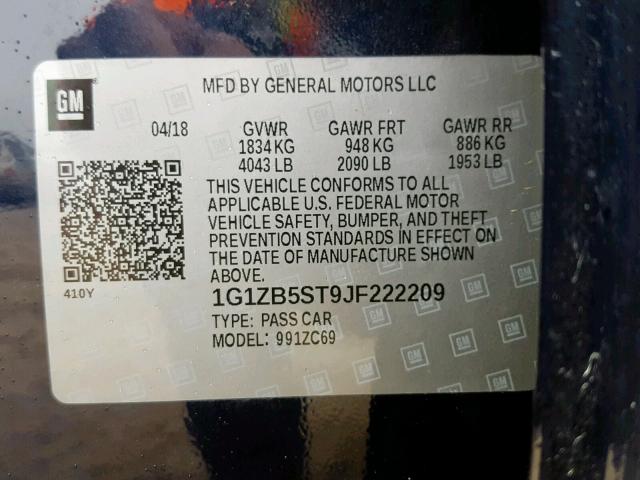 1G1ZB5ST9JF222209 - 2018 CHEVROLET MALIBU LS ლურჯი ფოტო 10