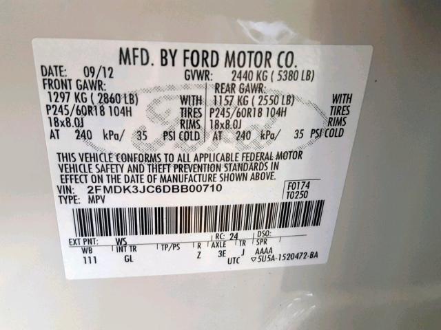 2FMDK3JC6DBB00710 - 2013 FORD EDGE SEL WHITE photo 10