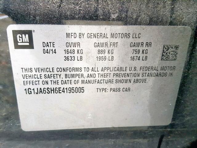 1G1JA6SH6E4195005 - 2014 CHEVROLET SONIC LS CHARCOAL photo 10