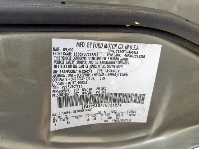 1FAFP55U61G265132 - 2001 FORD TAURUS SES GRAY photo 10