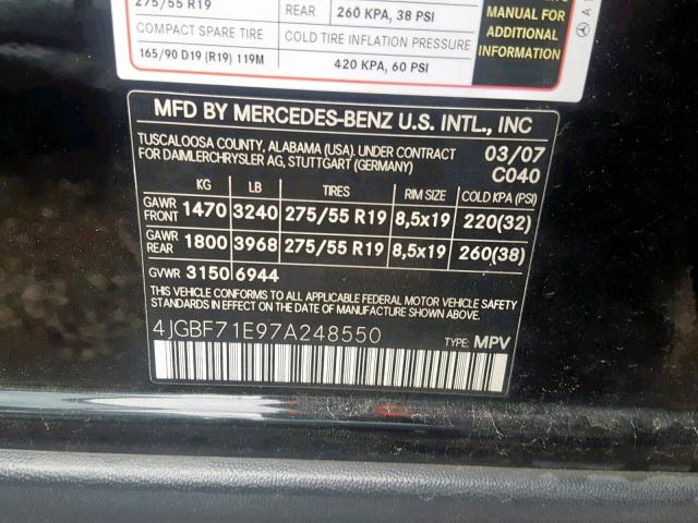 4JGBF71E97A248550 - 2007 MERCEDES-BENZ GL 450 4MA BLACK photo 10