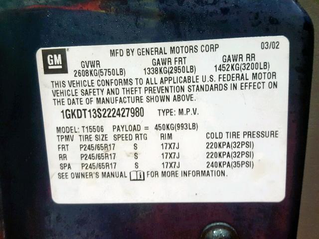 1GKDT13S222427980 - 2002 GMC ENVOY BLUE photo 10