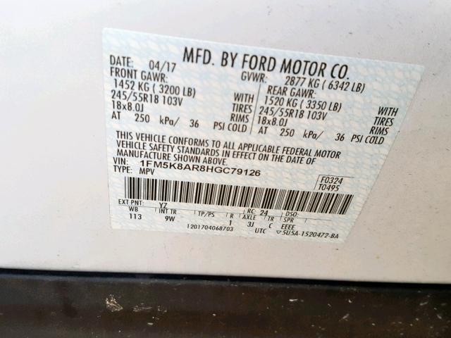 1FM5K8AR8HGC79126 - 2017 FORD EXPLORER P WHITE photo 10