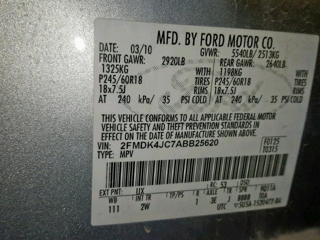 2FMDK4JC7ABB25620 - 2010 FORD EDGE SEL GRAY photo 10