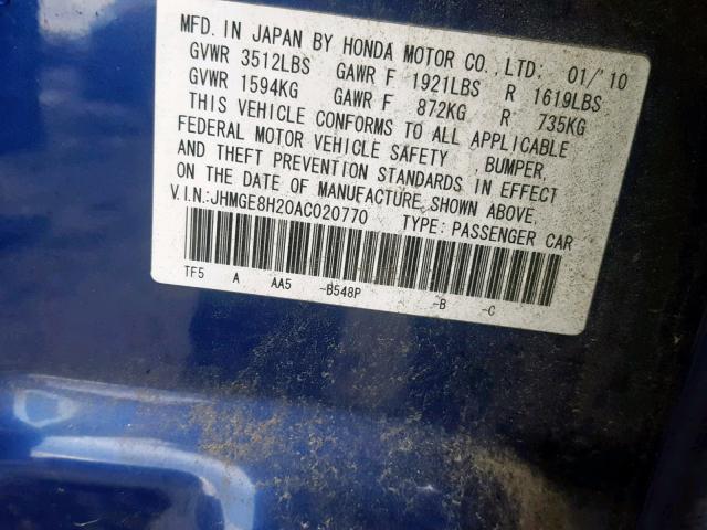 JHMGE8H20AC020770 - 2010 HONDA FIT BLUE photo 10