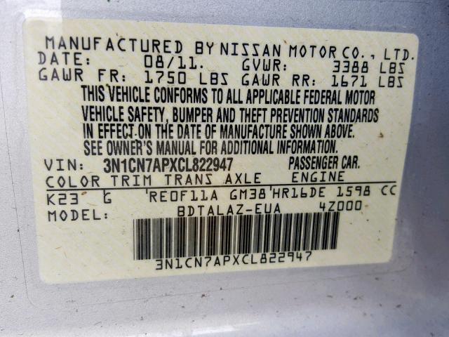 3N1CN7APXCL822947 - 2012 NISSAN VERSA S SILVER photo 10