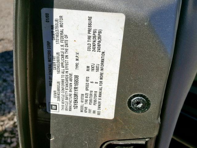 1GYEK63R1YR169538 - 2000 CADILLAC ESCALADE L ბეჟი ფოტო 10