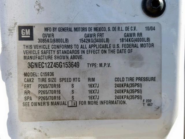 3GNEC12Z45G153649 - 2005 CHEVROLET AVALANCHE WHITE photo 10