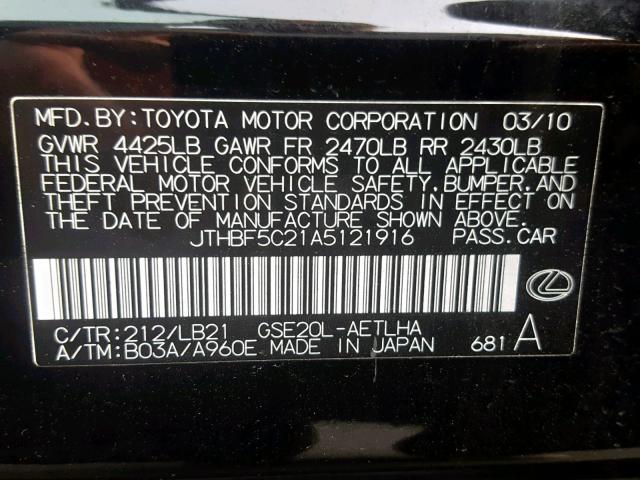 JTHBF5C21A5121916 - 2010 LEXUS IS 250 BLACK photo 10