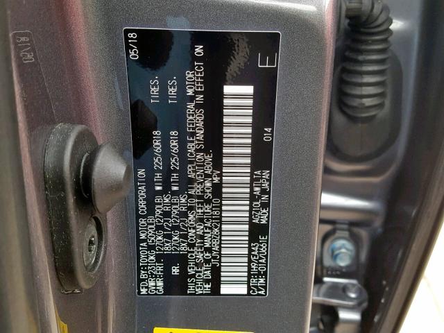 JTJYARBZ8K2118110 - 2019 LEXUS NX 300 GRAY photo 10