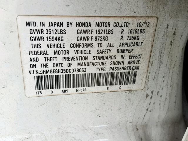 JHMGE8H35DC078063 - 2013 HONDA FIT WHITE photo 10