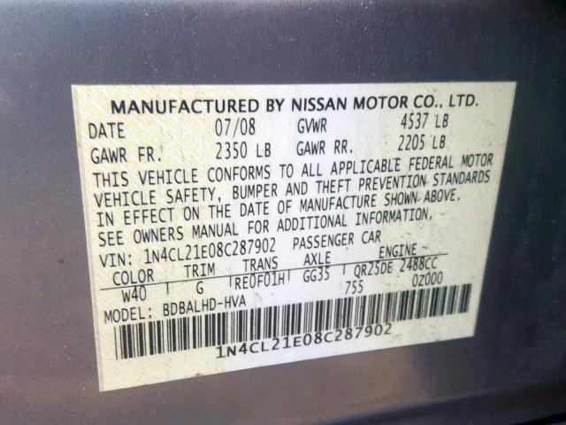 1N4CL21E08C287902 - 2008 NISSAN ALTIMA HYB GRAY photo 10