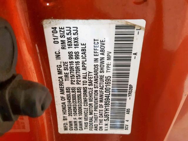 5J6YH18594L001695 - 2004 HONDA ELEMENT EX ORANGE photo 10