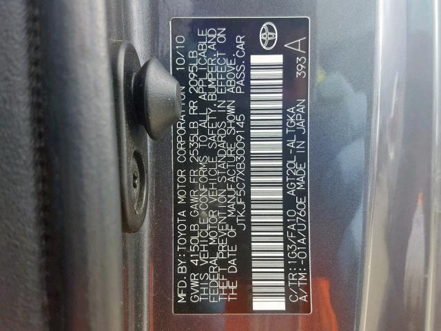 JTKJF5C7XB3009145 - 2011 TOYOTA SCION TC ნაცრისფერი ფოტო 10