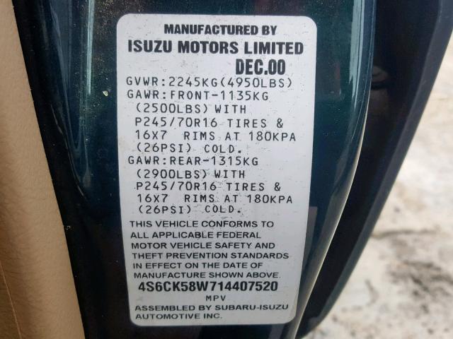 4S6CK58W714407520 - 2001 HONDA PASSPORT E GREEN photo 10