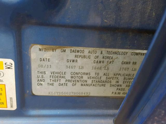 KL1TD56627B068493 - 2007 CHEVROLET AVEO BASE ლურჯი ფოტო 10