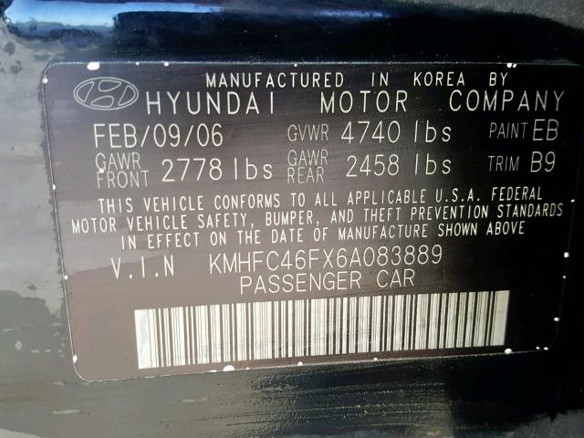 KMHFC46FX6A083889 - 2006 HYUNDAI AZERA SE BLACK photo 10