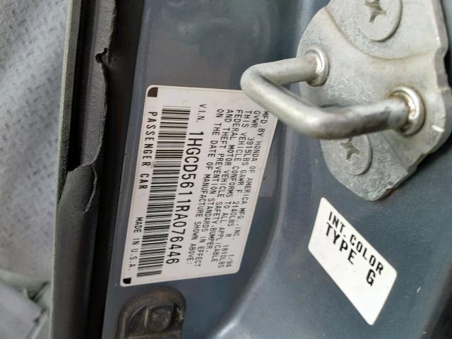 1HGCD5611RA076446 - 1994 HONDA ACCORD DX BLUE photo 10