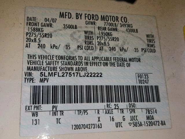 5LMFL27517LJ22222 - 2007 LINCOLN NAVIGATOR Ağ foto 10