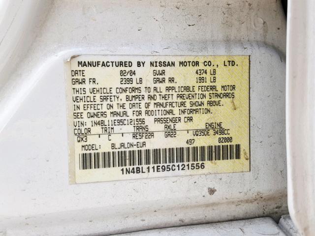 1N4BL11E95C121556 - 2005 NISSAN ALTIMA SE WHITE photo 10