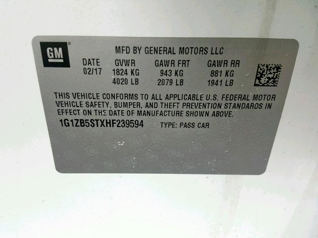 1G1ZB5STXHF239594 - 2017 CHEVROLET MALIBU LS WHITE photo 10