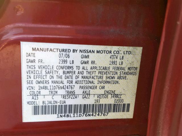 1N4BL11D76N424767 - 2006 NISSAN ALTIMA SE RED photo 10