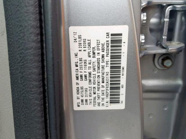 1HGCP3F82CA031743 - 2012 HONDA ACCORD EXL SILVER photo 10