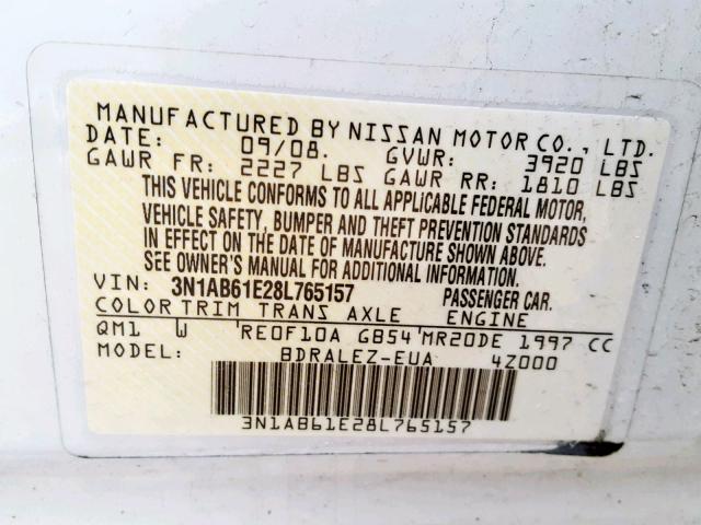 3N1AB61E28L765157 - 2008 NISSAN SENTRA 2.0 WHITE photo 10