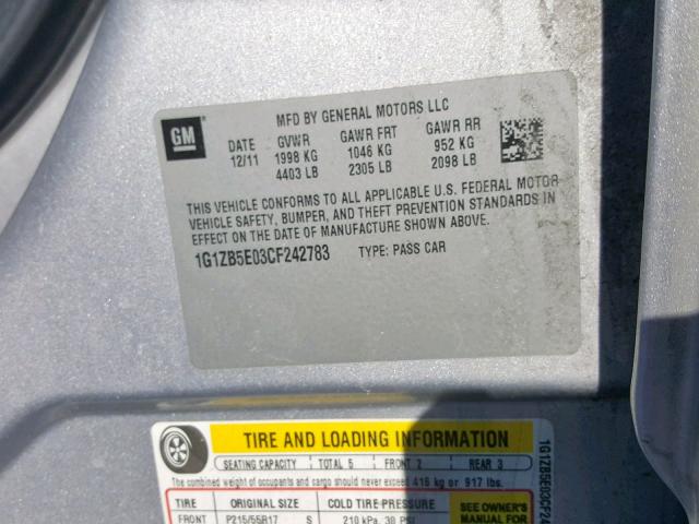 1G1ZB5E03CF242783 - 2012 CHEVROLET MALIBU LS ვერცხლისფერი ფოტო 10