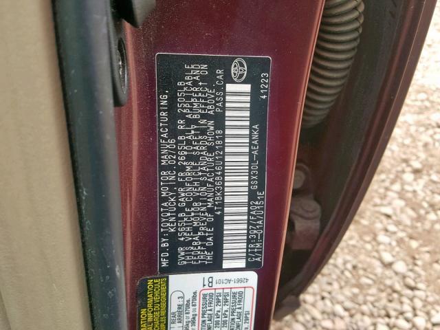 4T1BK36B46U121818 - 2006 TOYOTA AVALON BURGUNDY photo 10