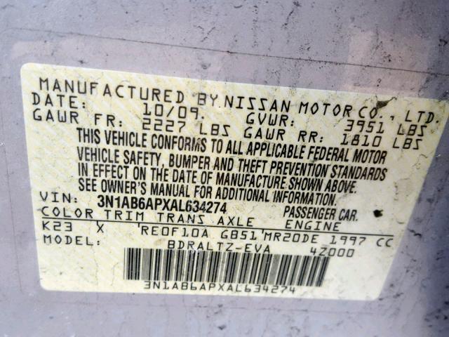 3N1AB6APXAL634274 - 2010 NISSAN SENTRA 2.0 SILVER photo 10