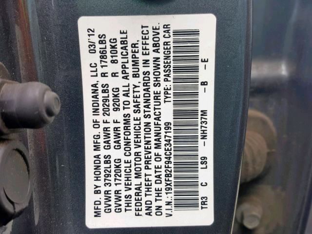 19XFB2F94CE347199 - 2012 HONDA CIVIC EXL GRAY photo 10