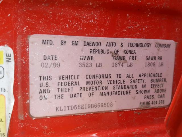 KL1TD56E19B669503 - 2009 CHEVROLET AVEO LS RED photo 10