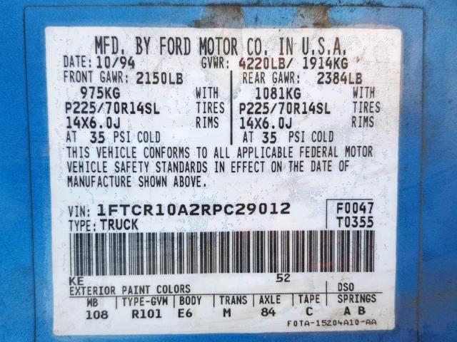 1FTCR10A2RPC29012 - 1994 FORD RANGER BLUE photo 10