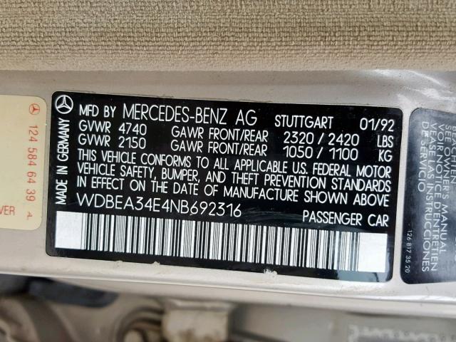 WDBEA34E4NB692316 - 1992 MERCEDES-BENZ 400 E GOLD photo 10