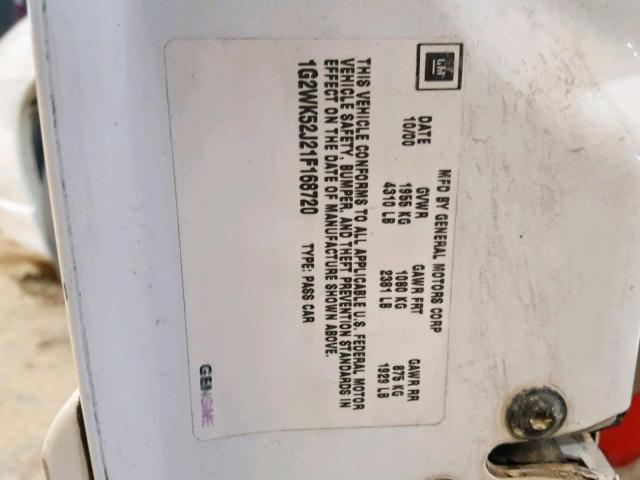 1G2WK52J21F168720 - 2001 PONTIAC GRAND PRIX WHITE photo 10