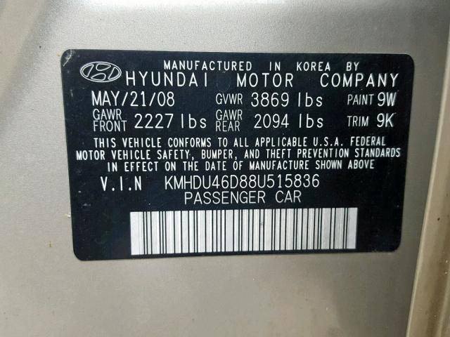 KMHDU46D88U515836 - 2008 HYUNDAI ELANTRA GLS  photo 10