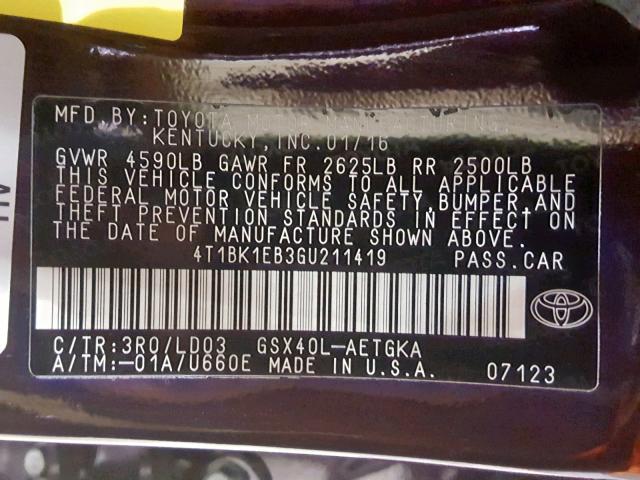 4T1BK1EB3GU211419 - 2016 TOYOTA AVALON XLE MAROON photo 10