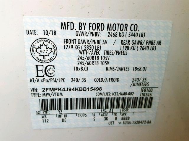 2FMPK4J94KBB15498 - 2019 FORD EDGE SEL WHITE photo 10