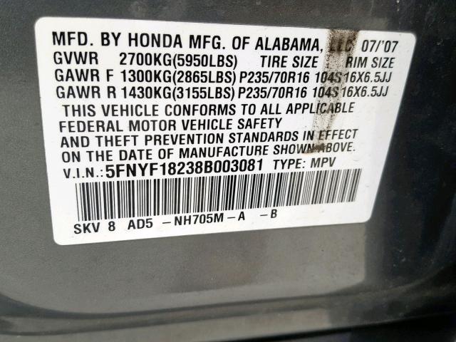 5FNYF18238B003081 - 2008 HONDA PILOT VP GRAY photo 10