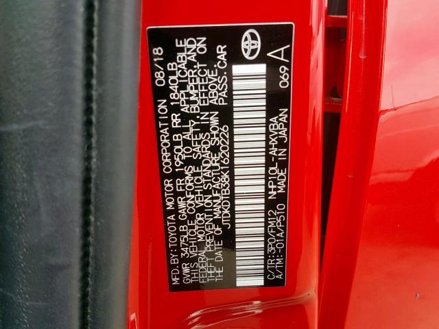 JTDKDTB38K1620226 - 2019 TOYOTA PRIUS C RED photo 10