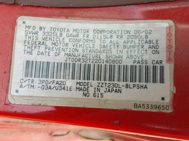 JTDDR32T220140800 - 2002 TOYOTA CELICA GT RED photo 10