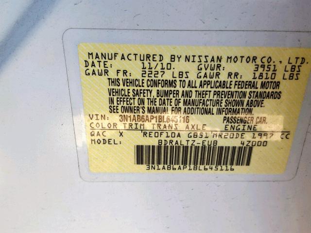 3N1AB6AP1BL645116 - 2011 NISSAN SENTRA 2.0 WHITE photo 10