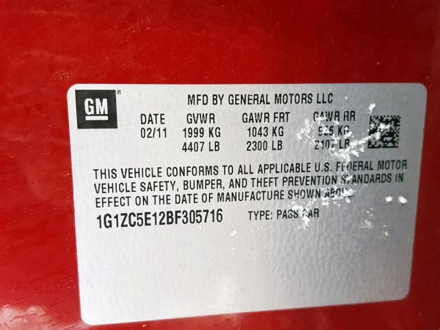 1G1ZC5E12BF305716 - 2011 CHEVROLET MALIBU 1LT RED photo 10