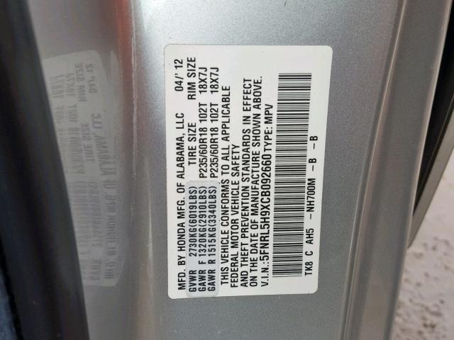 5FNRL5H9XCB092660 - 2012 HONDA ODYSSEY TO SILVER photo 10